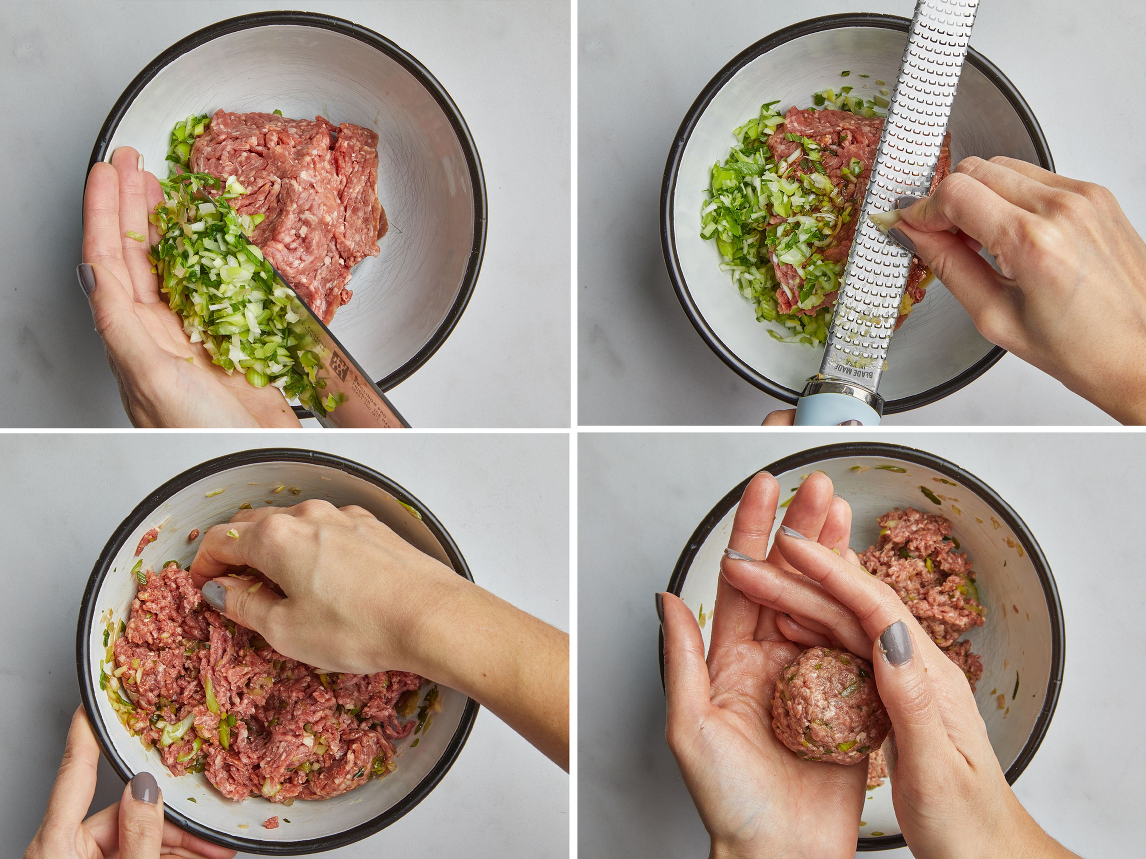 In the meantime, add ground meat to a large bowl along with scallions, toasted sesame oil, and remaining soy sauce. Use a fine grater to grate remaining ginger and garlic into the bowl. Mix gently until well combined. Then use your hands to roll the mixture into evenly sized meatballs about the size of a whole walnut and place them onto a baking sheet.