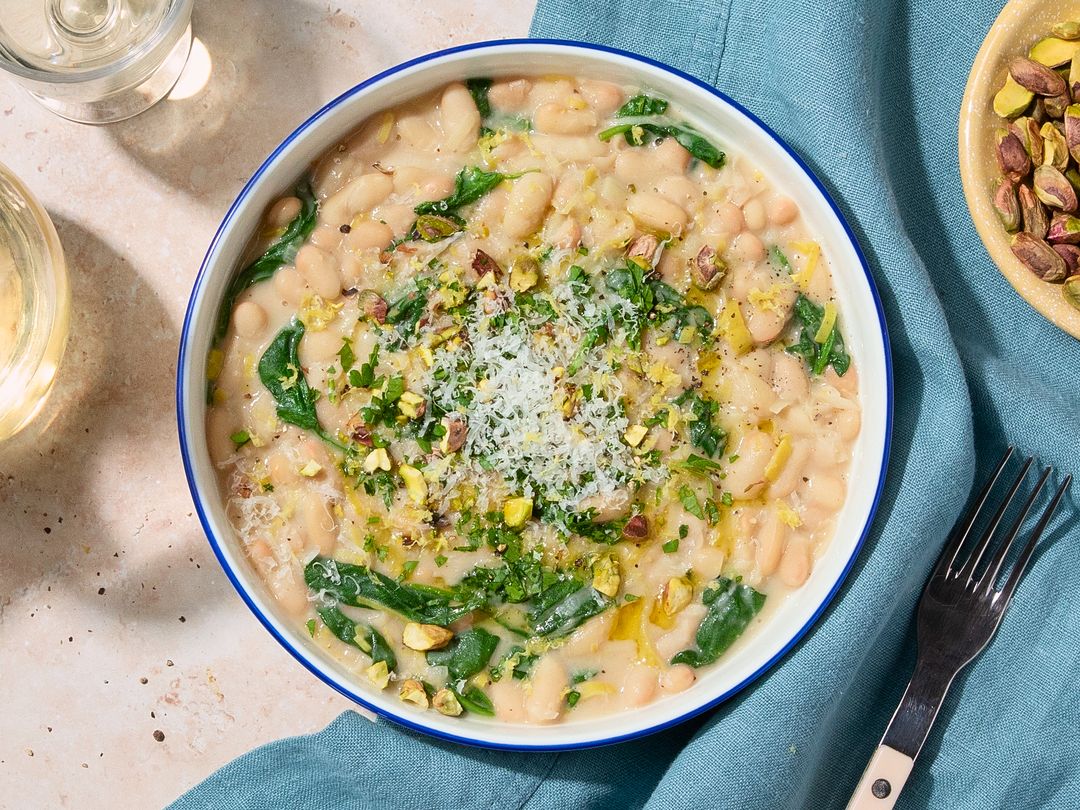 Bean-otto (Bohnen-Risotto) mit Lauch und Spinat