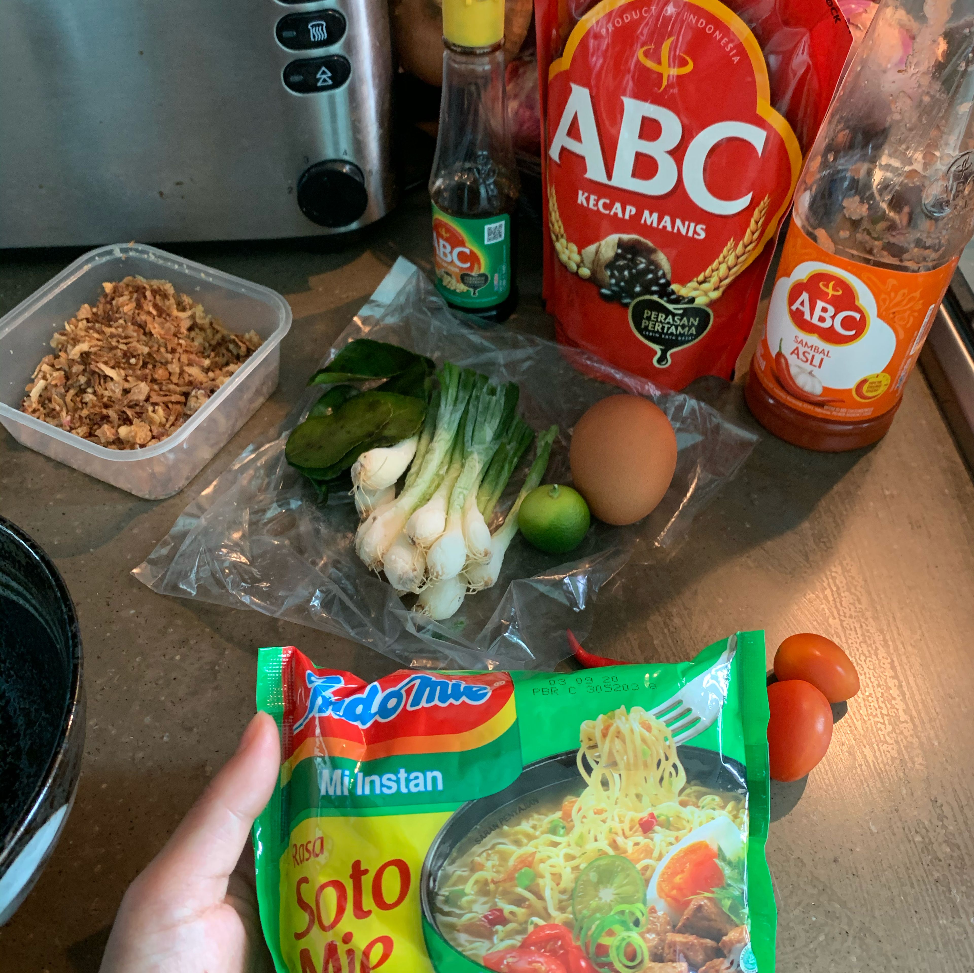Prepare the ingredients. For the noodles, my favourite is Indomie Soto flavour. You can find this easily in Asian shop nearby. I found many of these abroad when I was traveling, even in Europe. You can substitute with any other instant noodles soup but the taste would be different.