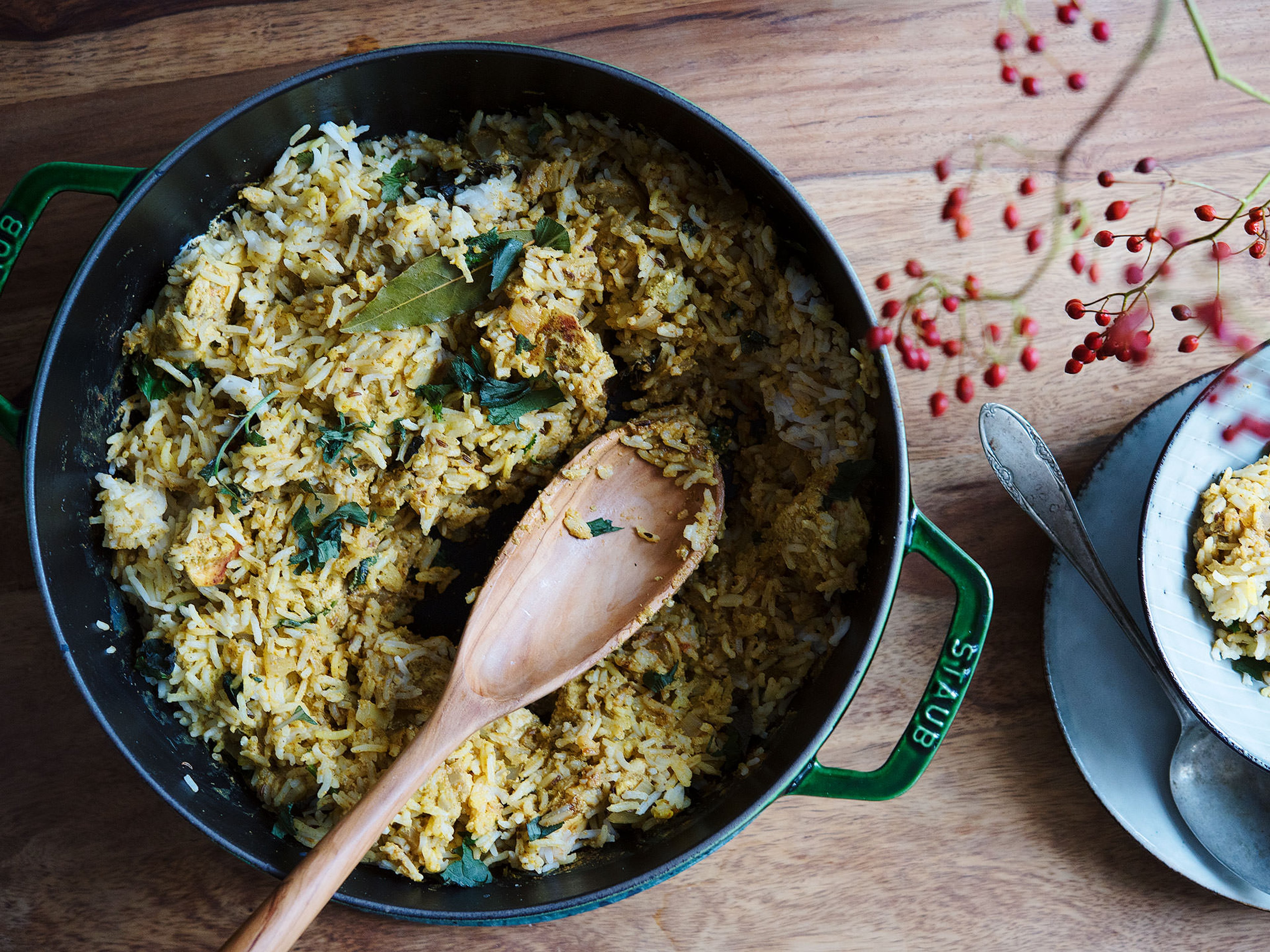 Chicken curry with aromatic rice and saffron milk