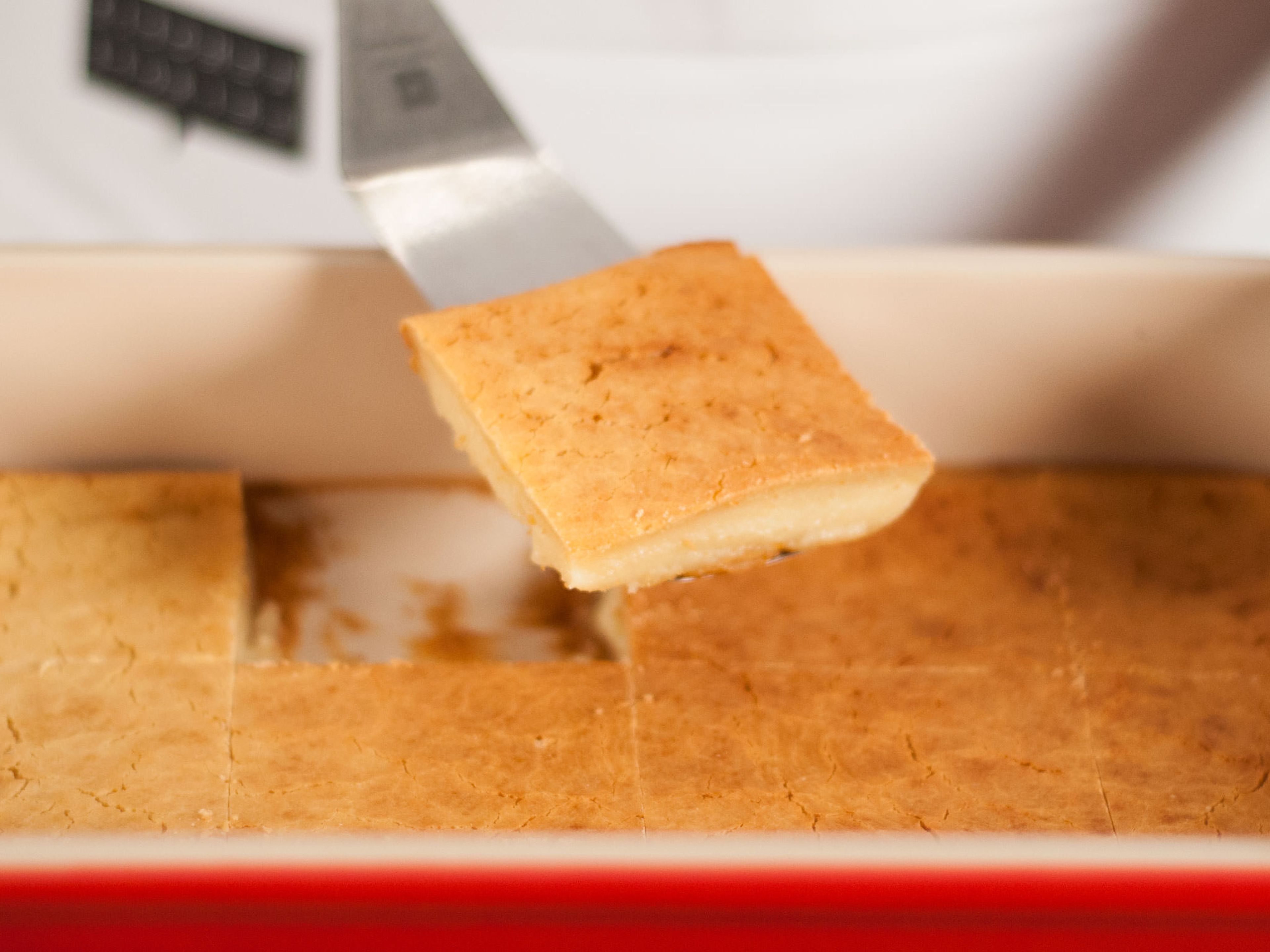 Transfer batter to a casserole dish. Bake in a preheated oven for approx. 30 – 35 min. until golden and an inserted toothpick comes out clean. Cut into pieces and enjoy with friends and family!