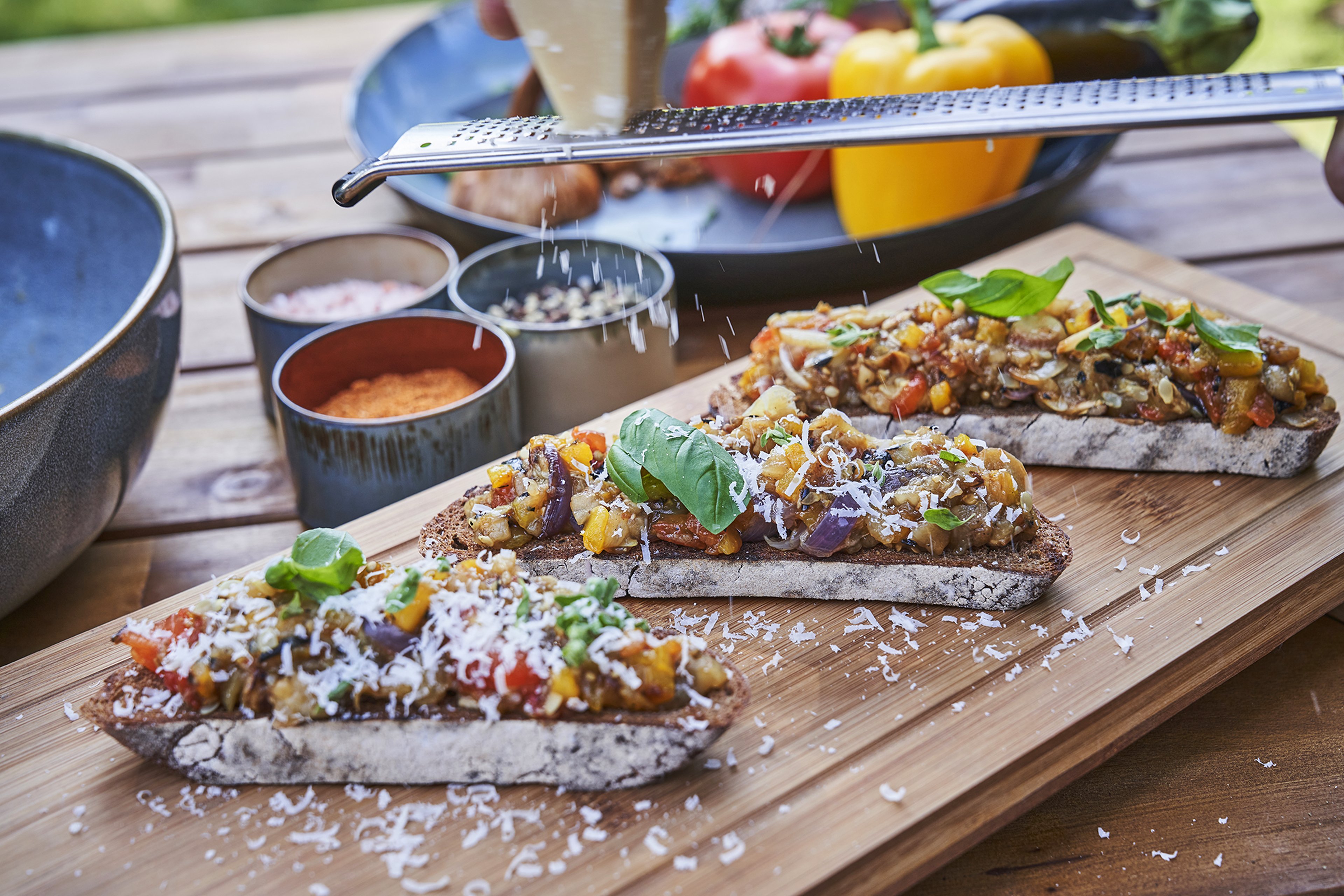 Sourdough bread with grilled vegetable salsa, Parmigiano Reggiano and fresh herbs