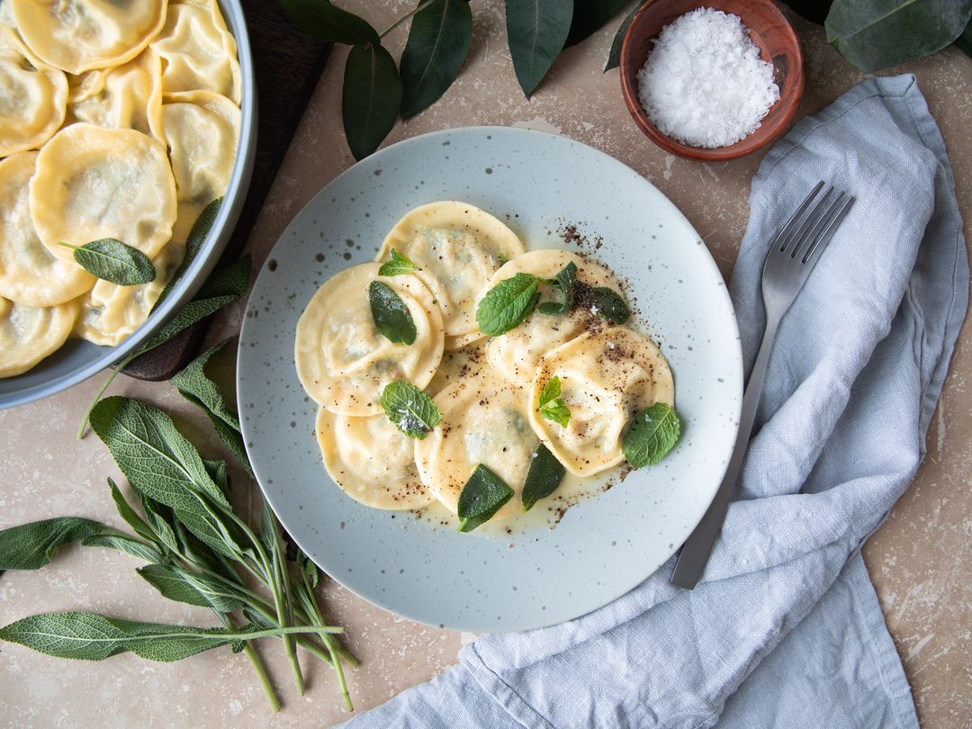 Potato and mint ravioli with sage butter