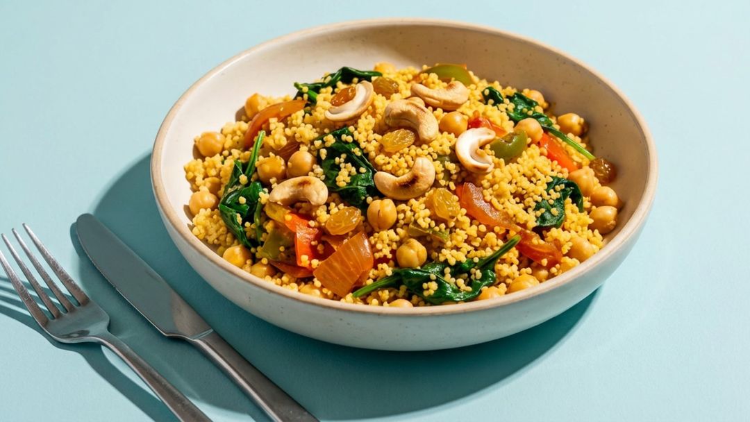Couscous-Pfanne mit Spinat und Kichererbsen: schnelles Gericht für Mittag oder Feierabend