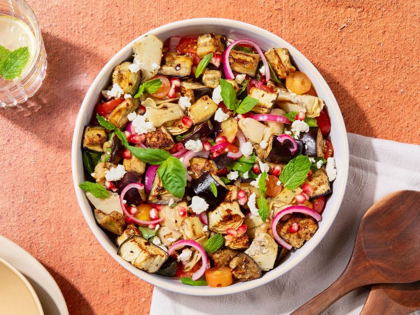 Warm eggplant salad with artichokes and pomegranate
