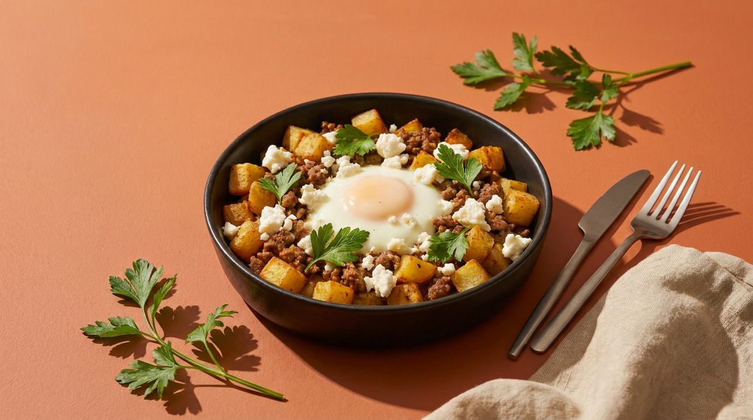 Deftiges Hirtenfrühstück mit Hackfleisch, Kartoffeln und Feta