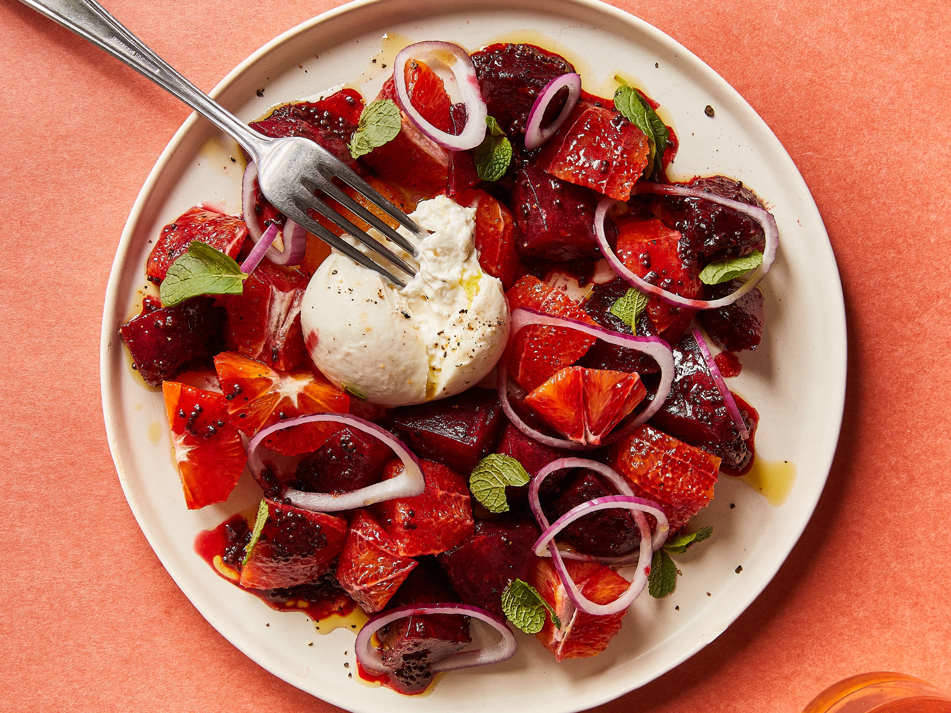 Beet, blood orange, and burrata salad