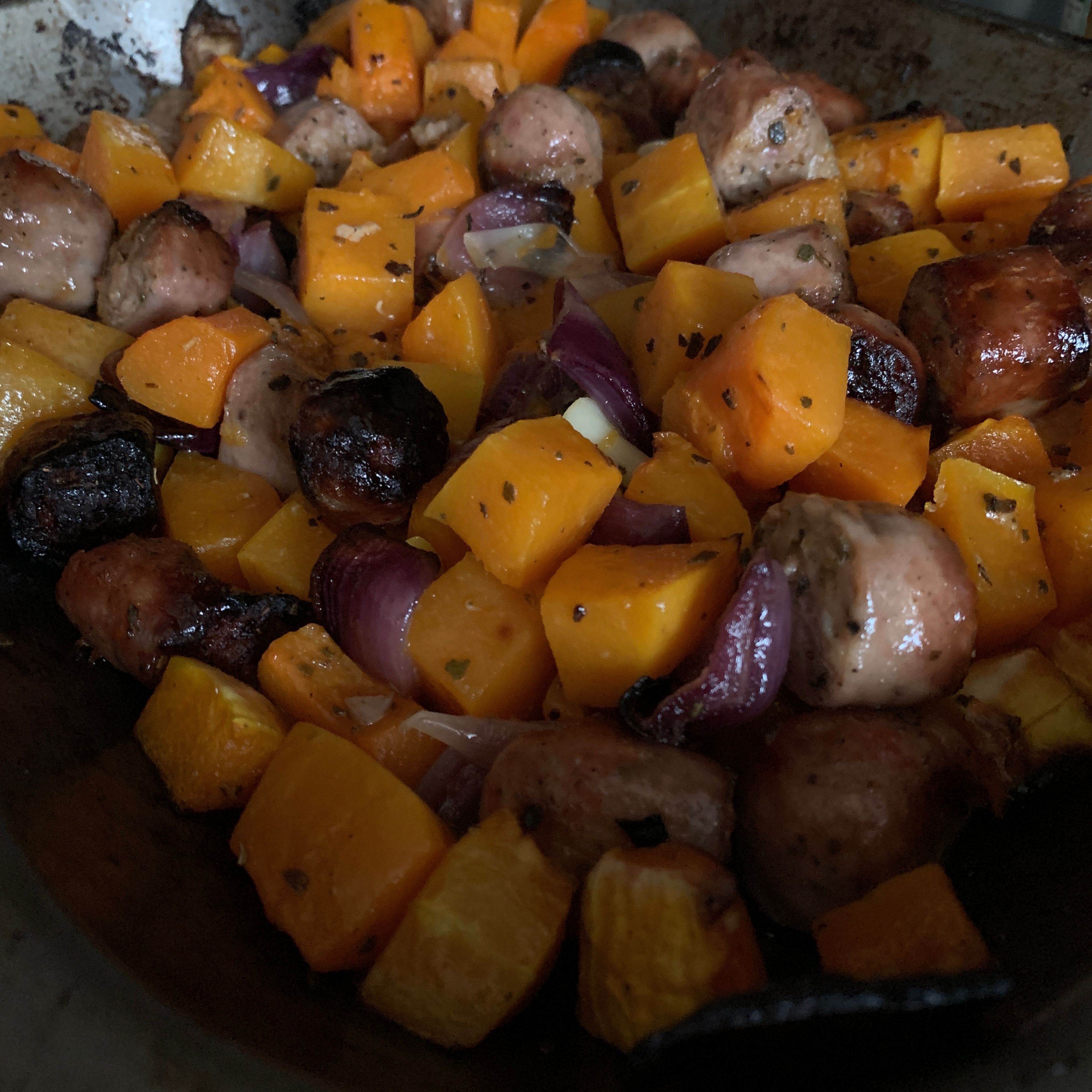 Sausages with Butternut Squash, Onion & Sage