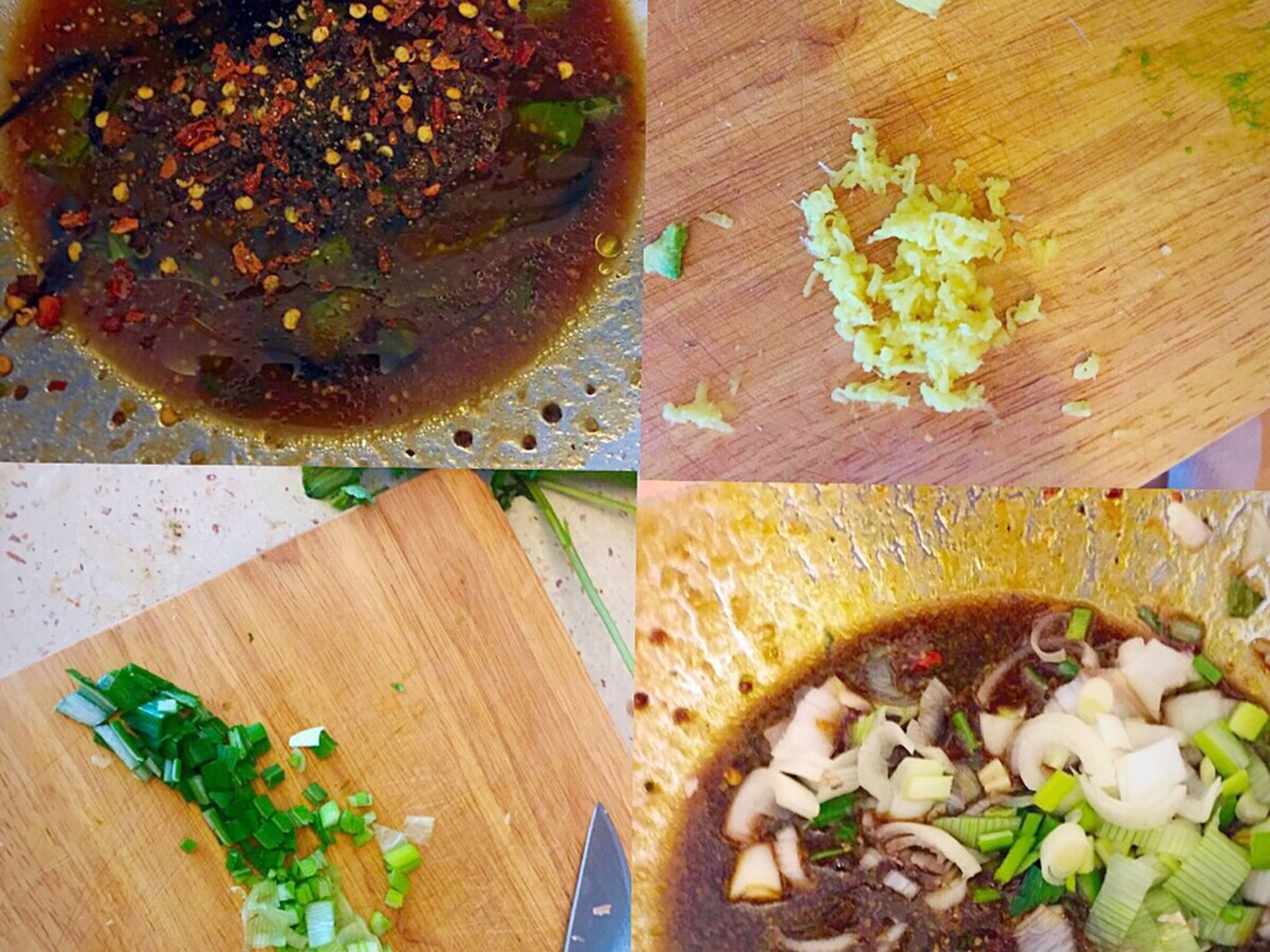 Add chili flakes, turmeric, and balsamic glaze to bowl. Chop scallions and grate ginger, add to the bowl, and mix.
