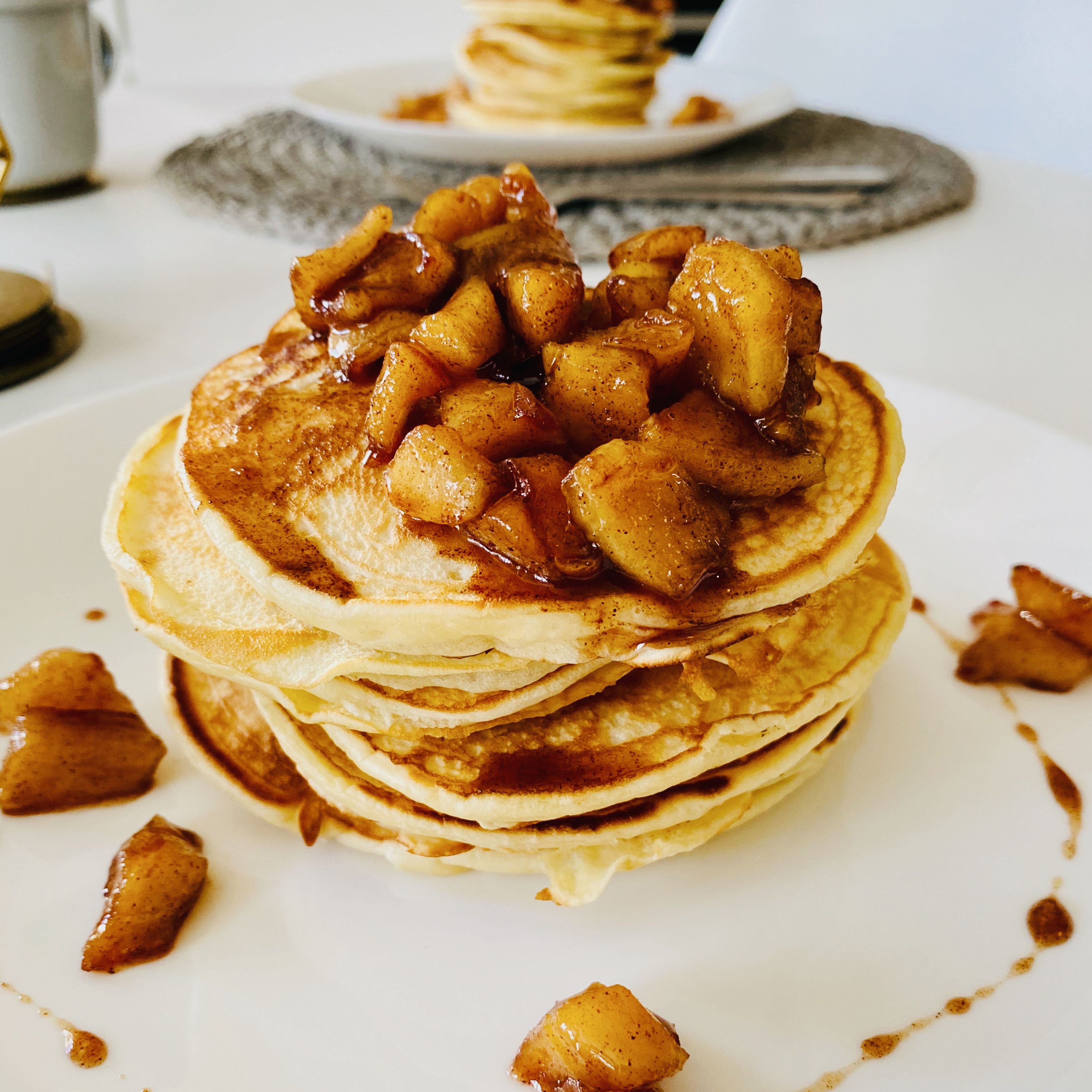 Stack your pancakes on a plate, and place a spoonful of your apples on top and enjoy.