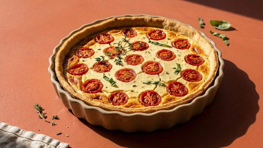 Vegane Tomaten-Quiche mit cremigem Tofu und knusprigem Boden