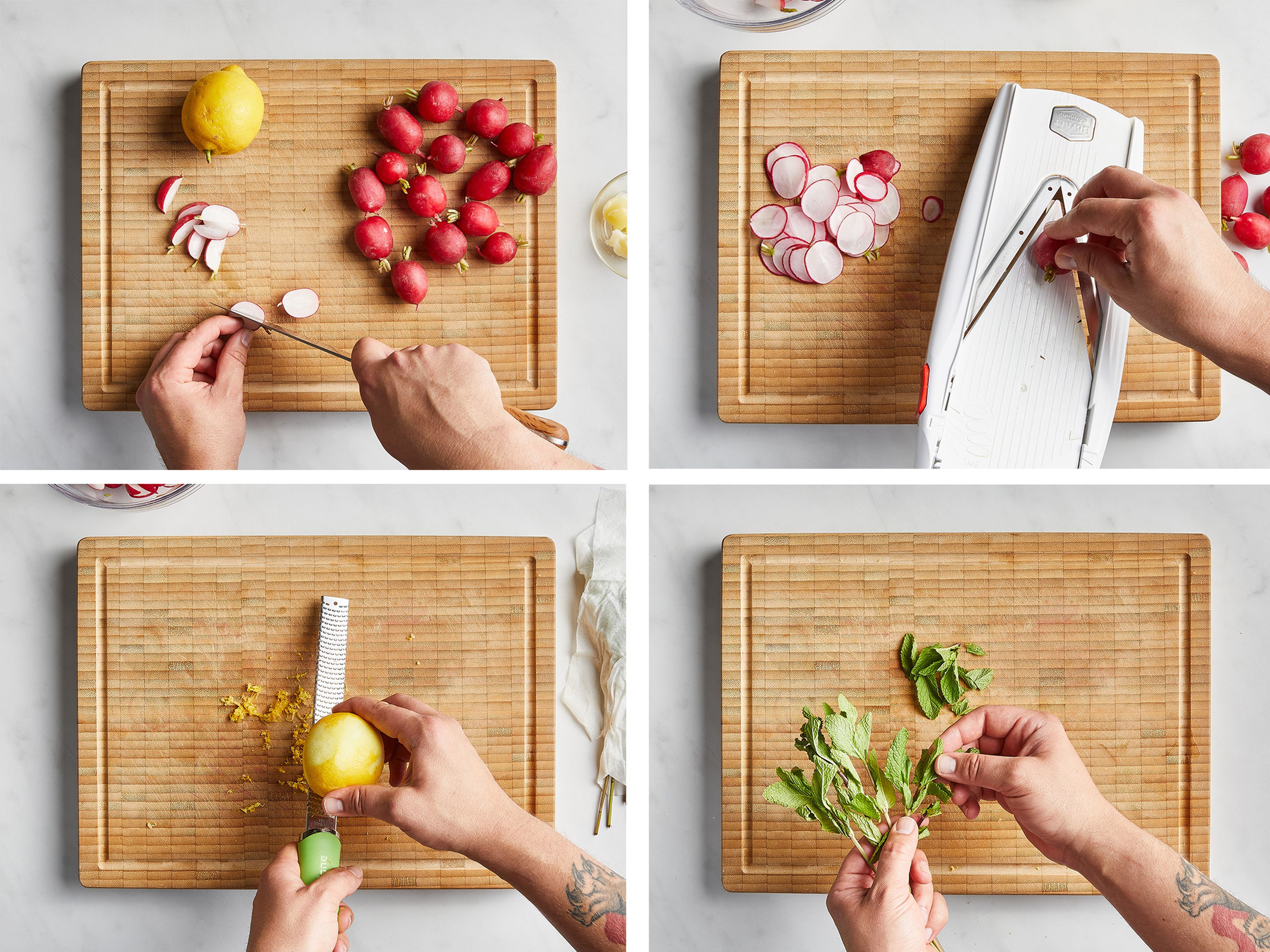 Thinly slice half the radishes with a knife or mandoline. Leave some small radishes whole, and slice other radishes into thin wedges. Zest and juice lemon into a small bowl. Pluck mint leaves and set aside for serving.
