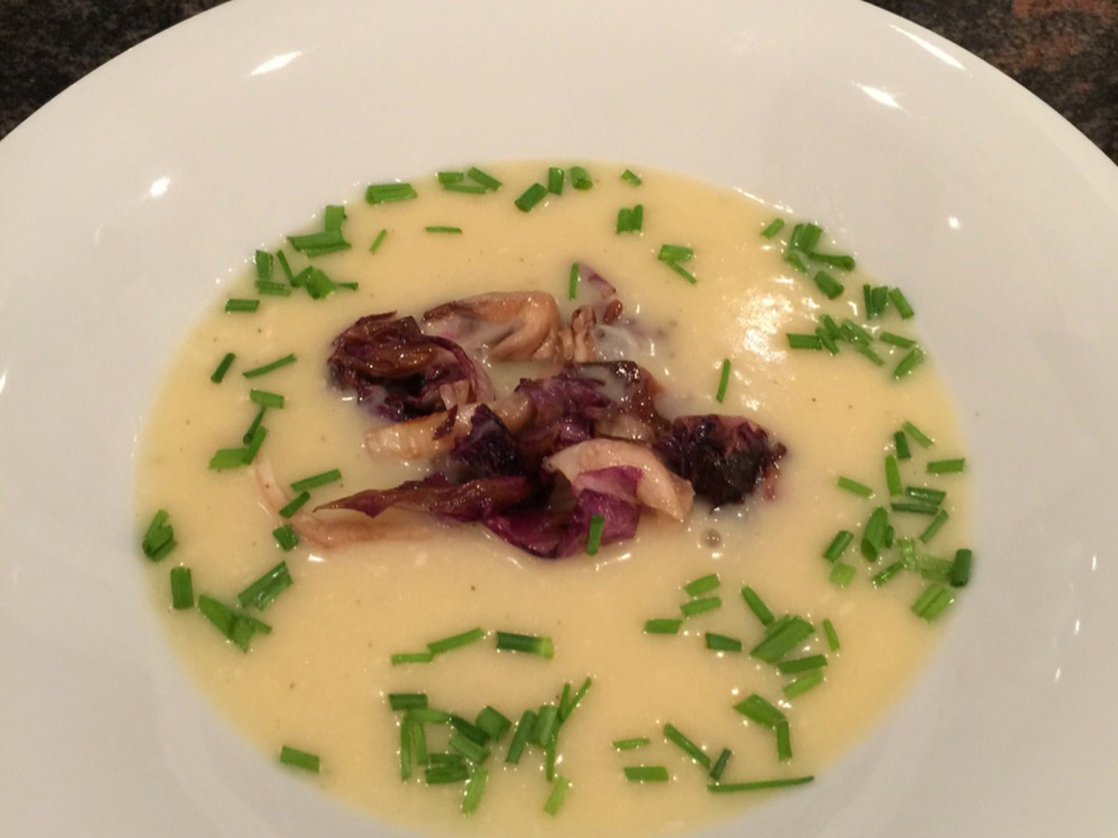 Vegan potato soup with fried radicchio